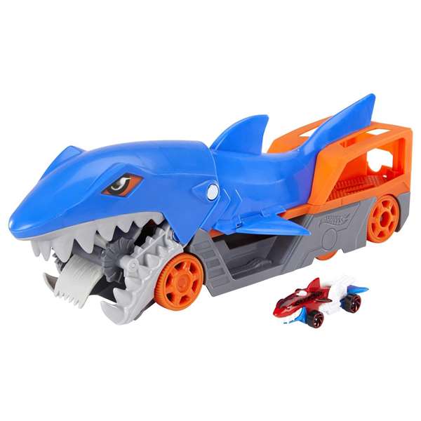 Mattel Hot Wheels - Transporteur et boîte de rangement en forme de requin mordant des voitures - Contient 1 véhicule à l'échelle 1:64 Mattel Hot Wheels - Transporteur et boîte de rangement en forme de requin mordant des voitures - Contient 1 véhicule à l'échelle 1:64