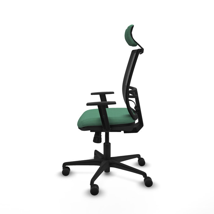 Chaise Yunquera Synchro 4 positions tissu Vert émeraude Maille Noir Base en nylon noir Accoudoir 1D Appui-tête 1D Roulettes 65mm nylon