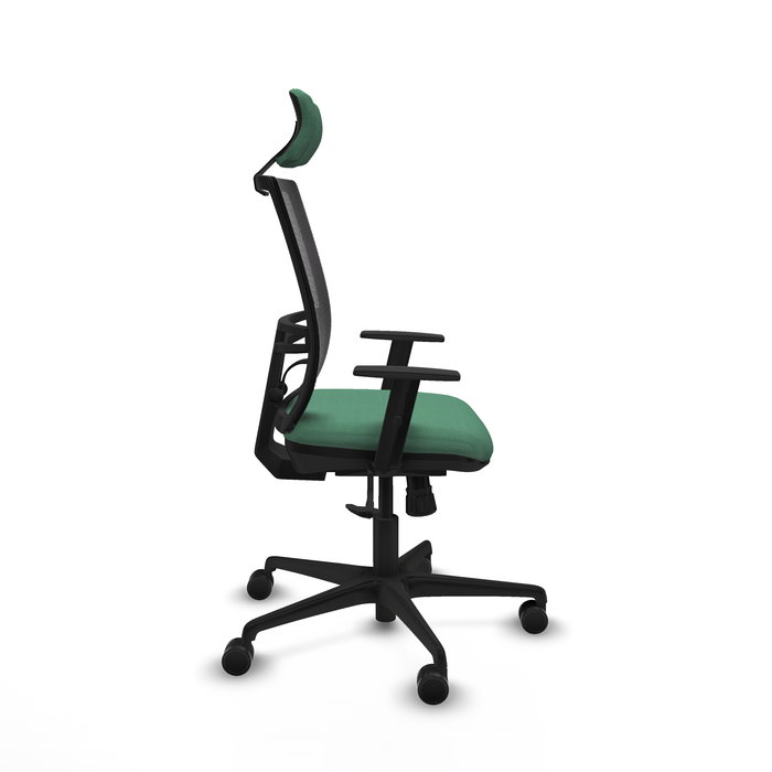 Chaise Yunquera Synchro 4 positions tissu Vert émeraude Maille Noir Base en nylon noir Accoudoir 1D Appui-tête 1D Roulettes 65mm nylon