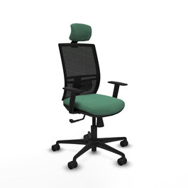 Chaise Yunquera Synchro 4 positions tissu Vert émeraude Maille Noir Base en nylon noir Accoudoir 1D Appui-tête 1D Roulettes 65mm nylon