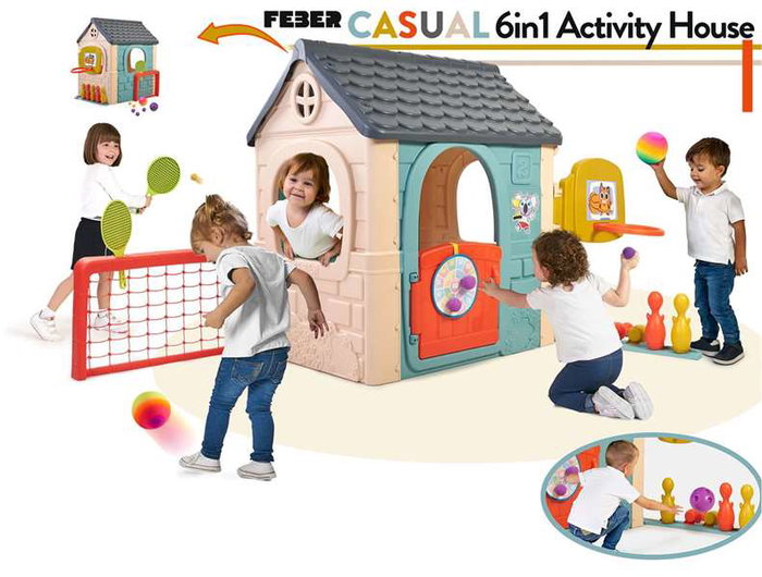Feber Casa Casual - Maison de jeu avec 6 activités (bowling, raquette, football, basketball, cible et jeux de rôle) - Dimensions 232x124x138 cm - Produit en espagnol