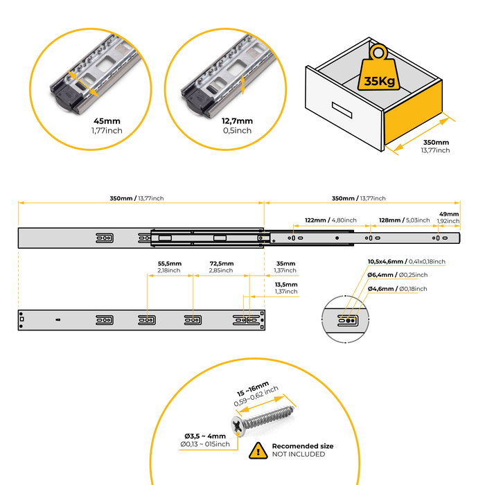 Emuca Jeu de coulisses à billes pour tiroirs à sortie totale, fermeture amortie, hauteur 45mm, longueur 350mm, Acier, Zingué Emuca Jeu de coulisses à billes pour tiroirs à sortie totale, fermeture amortie, hauteur 45mm, longueur 350mm, Acier, Zingué