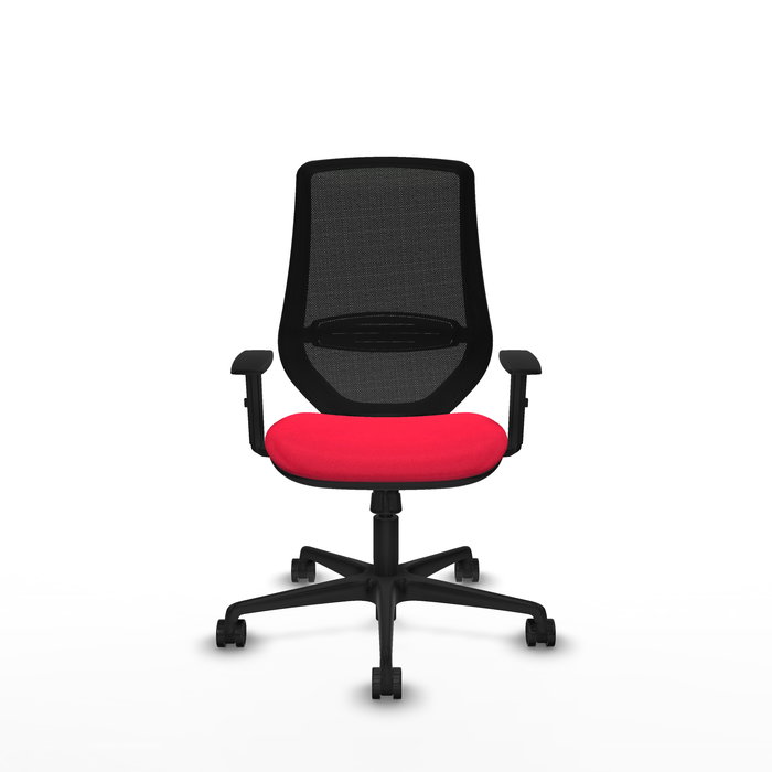 Chaise Mardos Synchro 4 positions tissu Rouge Maille Noir Base en nylon noir Accoudoir 1D Sans appui-tête Roulettes 65mm nylon