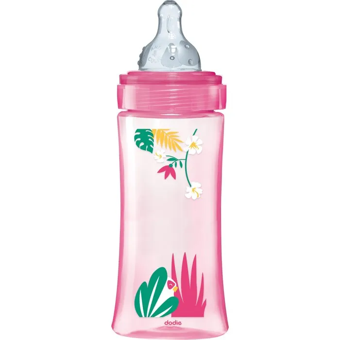 DODIE Biberon Anti-Colique 330 ml avec Tétine Ronde 3 Vitesses (Débit 3) pour Bébés +6 Mois - Rose