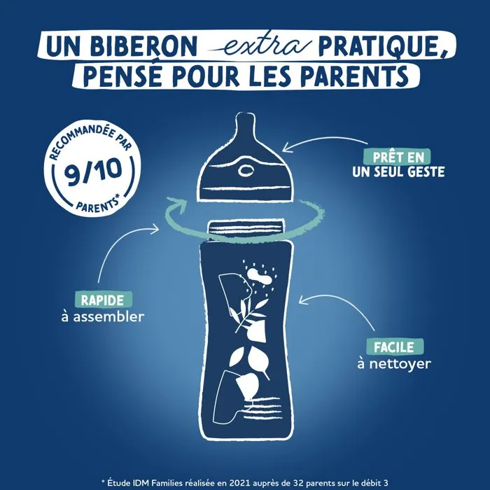 Dodie Biberon Anti-Colique 330 ml - Tétine Multi-Perforée Biomimétrique - Débit 3 - Pour Bébés +6 Mois - Bleu