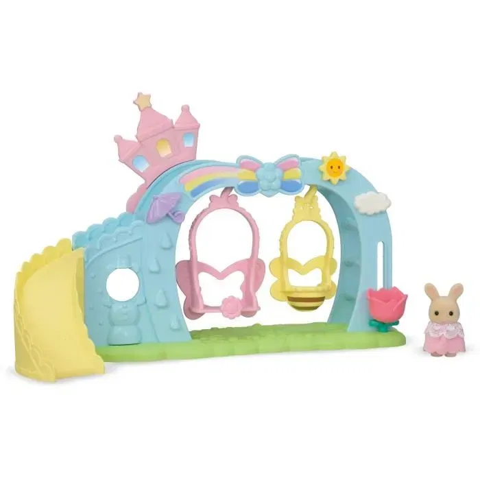 Sylvanian Families 5745 - Aire de Jeu des Bébés avec Balançoires, Toboggan, Ascenseur Tulipe et Bébé Lapin Crème