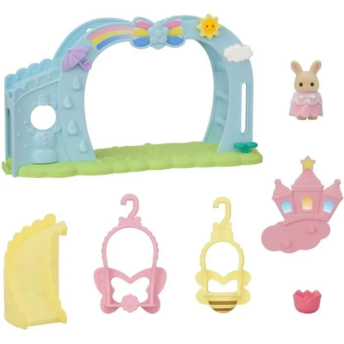 Sylvanian Families 5745 - Aire de Jeu des Bébés avec Balançoires, Toboggan, Ascenseur Tulipe et Bébé Lapin Crème
