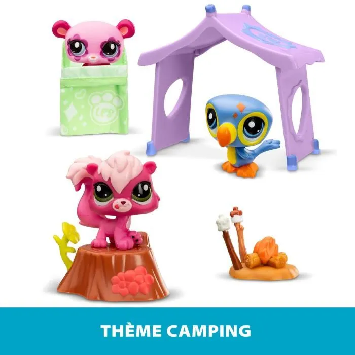 BANDAI Littlest Pet Shop Pack Camping - Set de 3 animaux et accessoires, génération 7, jeu créatif pour enfants à partir de 4 ans