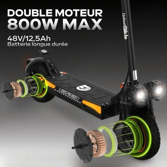 Urbanglide ECROSS PRO BOOST 2 - Trottinette électrique tout-terrain 10", Double moteur 1600W 48V, Batterie 13Ah pour autonomie de 50 km