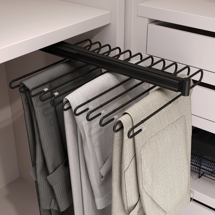 Emuca Porte-pantalons extractible, 11 tiges, guides d'extraction totale, Acier, Peint en noir