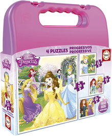 EDUCA Malette de Puzzles Progressifs Princesses Disney 12-16-20-25 Pièces en Espagnol pour Enfants dès 3 Ans - Réf. 16508