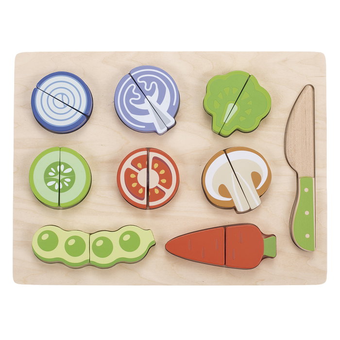 Tachan - Puzzle éducatif en bois FSC pour couper les légumes - 8 légumes avec velcro et couteau inclus - Jeu d'apprentissage multilingue pour enfants dès 12 mois