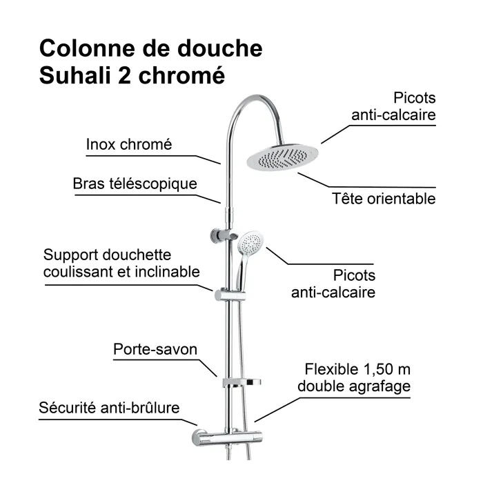 Edouard Rousseau Colonne de douche avec robinetterie thermostatique SUHALI 2, chromée, tête orientable Ø 240 mm, douchette 5 jets, bras télescopique 0.94-1.40 m