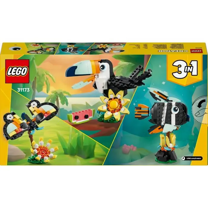 Lego Creator 3-en-1 31173 Animaux Sauvages : Set de Construction Toucan Tropical, Papillon ou Poisson - 225 Pièces - Jeu Créatif pour Enfants de 7 Ans et Plus