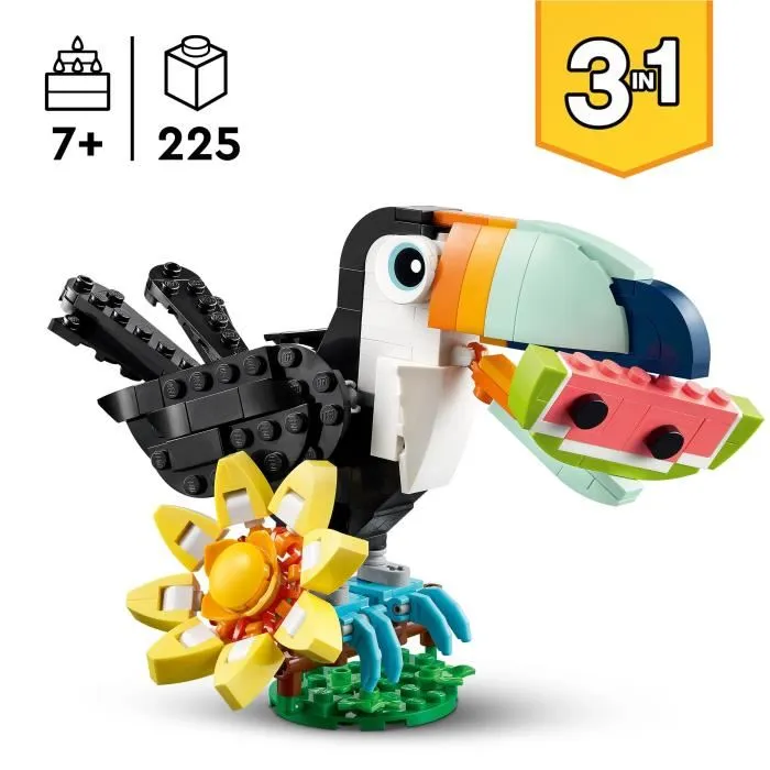 Lego Creator 3-en-1 31173 Animaux Sauvages : Set de Construction Toucan Tropical, Papillon ou Poisson - 225 Pièces - Jeu Créatif pour Enfants de 7 Ans et Plus