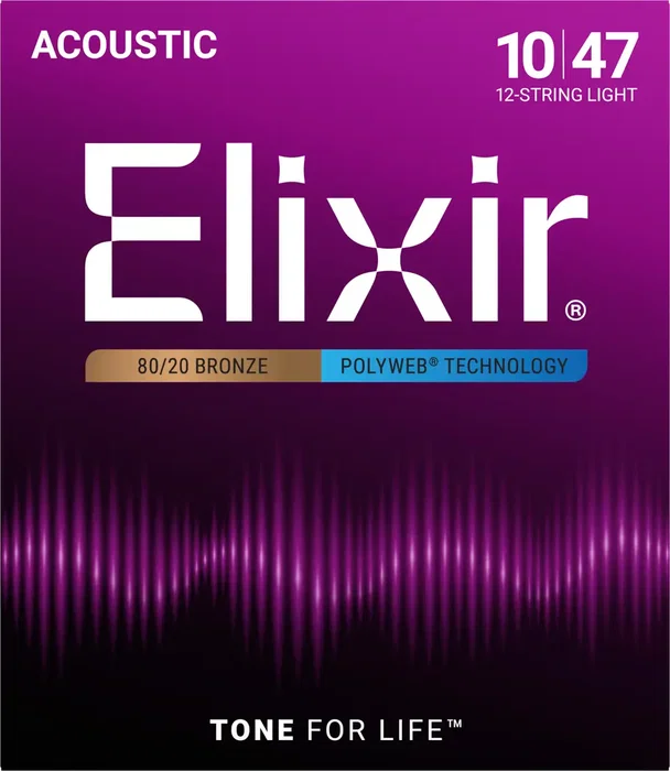 Elixir Jeu de Cordes Acoustique Polyweb 80/20 Bronze 12 Cordes Light 10-47