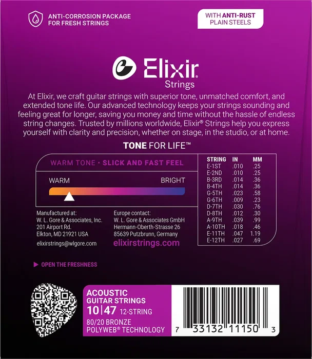 Elixir Jeu de Cordes Acoustique Polyweb 80/20 Bronze 12 Cordes Light 10-47