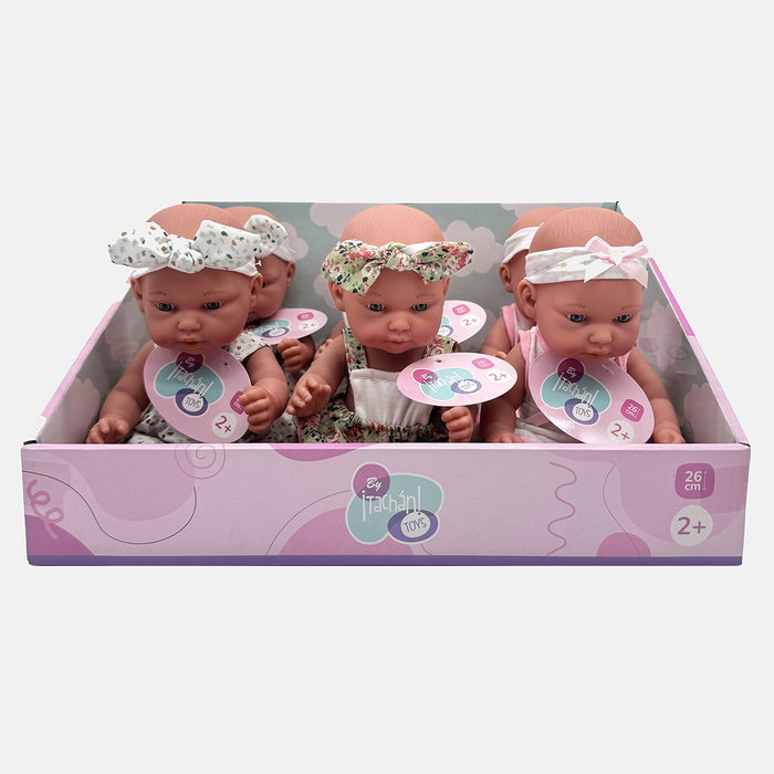 TACHAN - Poupée Bébé 26cm en Expositor avec 6 Modèles Surtis - Référence T00991 - Multi-langues (Anglais, Français, Allemand, Italien, Portugais, Espagnol)