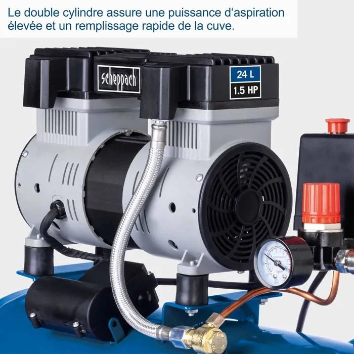 Scheppach - Compresseur d'air silencieux HC26Si 24L 1100W 8 bars 1,5CV avec double cylindre sans huile pour usage domestique et outils pneumatiques Scheppach - Compresseur d'air silencieux HC26Si 24L 1100W 8 bars 1,5CV avec double cylindre sans huile pour usage domestique et outils pneumatiques