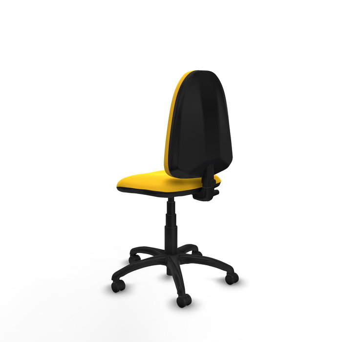 Chaise de bureau Aýna avec mécanisme de contact permanent de base, rembourrée de simili cuir jaune. Équipée d'une base en polyamide noir, sans accoudoirs et avec roulettes pour parquet. Chaise de bureau Aýna avec mécanisme de contact permanent de base, rembourrée de simili cuir jaune. Équipée d'une base en polyamide noir, sans accoudoirs et avec roulettes pour parquet.