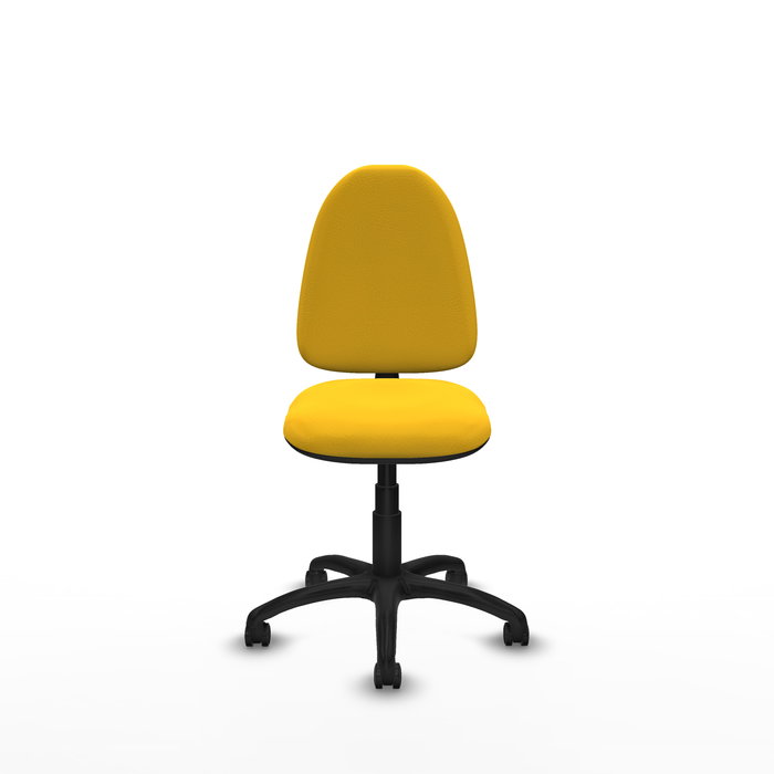 Chaise de bureau Aýna avec mécanisme de contact permanent de base, rembourrée de simili cuir jaune. Équipée d'une base en polyamide noir, sans accoudoirs et avec roulettes pour parquet. Chaise de bureau Aýna avec mécanisme de contact permanent de base, rembourrée de simili cuir jaune. Équipée d'une base en polyamide noir, sans accoudoirs et avec roulettes pour parquet.