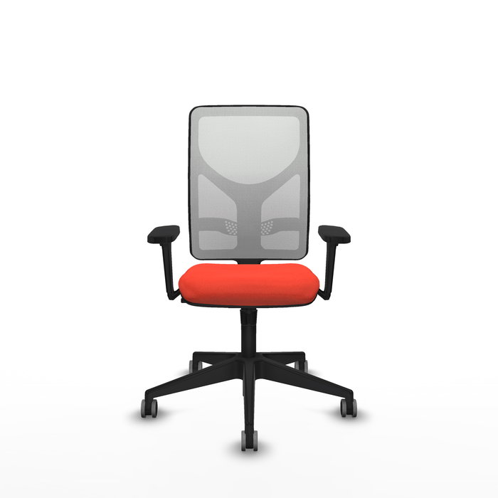 Chaise Motilla Synchro 3 positions tissu Orange foncé Maille Blanc Base pyramidale noire Accoudoir 3D Sans appui-tête Roulettes 65mm pour moquette