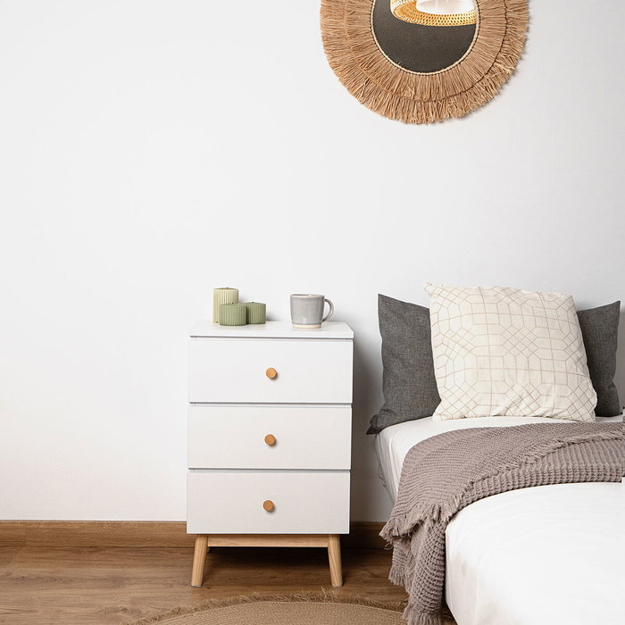 Vinthera Moa Table de chevet 40x30x65 cm Blanc Bois Mélamine et Pieds en Pin