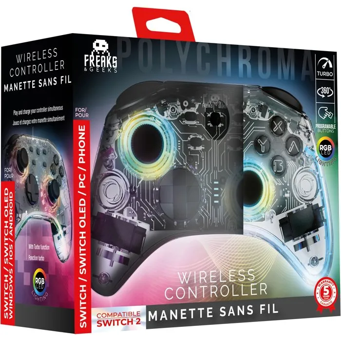 Freaks And Geeks Manette sans fil Polychroma Transparente LED pour Nintendo Switch 1&2 et PC Freaks And Geeks Manette sans fil Polychroma Transparente LED pour Nintendo Switch 1&2 et PC