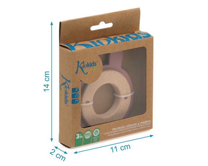 KioKids - Mordedor en bois de hêtre et silicone rose forme lapin pour bébé +3 mois, jouet de dentition écologique pour massage des gencives