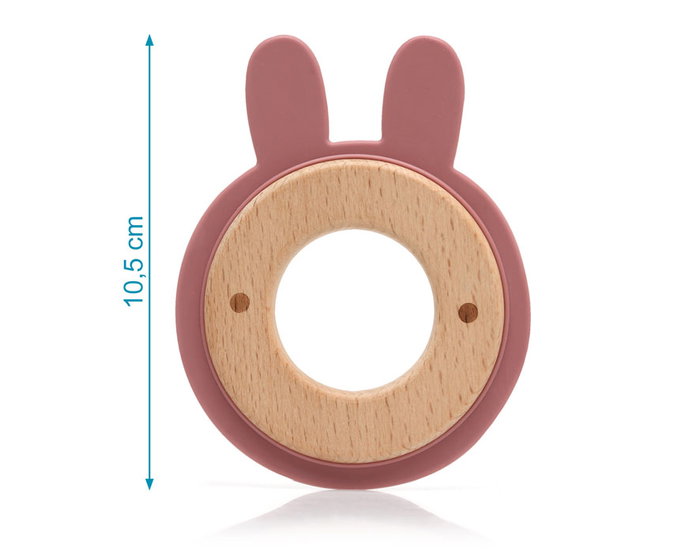 KioKids - Mordedor en bois de hêtre et silicone rose forme lapin pour bébé +3 mois, jouet de dentition écologique pour massage des gencives