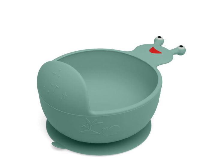 KioKids - Bol en silicone ventouse pour bébé avec design escargot, couleur vert sauge, 9x17 cm, sans BPA, adapté micro-ondes et lave-vaisselle, pour enfants +6 mois