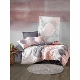 BigBuy Home Parure de couette 220 x 240 cm Gris, Rose et Blanc en 100% coton renforcé