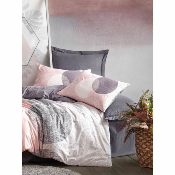 BigBuy Home Parure de couette 220 x 240 cm Gris, Rose et Blanc en 100% coton renforcé