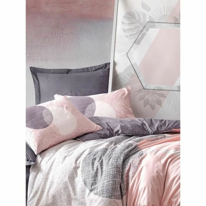 BigBuy Home Parure de couette 220 x 240 cm Gris, Rose et Blanc en 100% coton renforcé