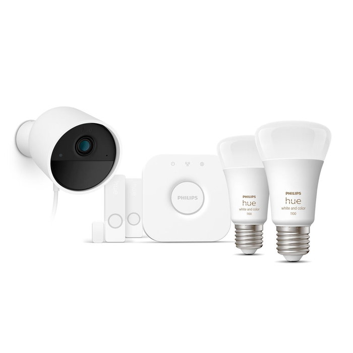 Philips Hue Kit de démarrage Secure avec caméra 1080p, 2 capteurs de contact, 2 ampoules et pont Philips Hue Kit de démarrage Secure avec caméra 1080p, 2 capteurs de contact, 2 ampoules et pont
