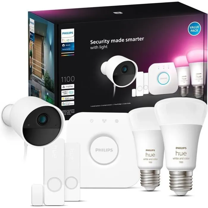 Philips Hue - Kit de démarrage Secure avec caméra filaire 1080p, 2 capteurs de contact, 2 ampoules connectées White et Color Ambiance et pont