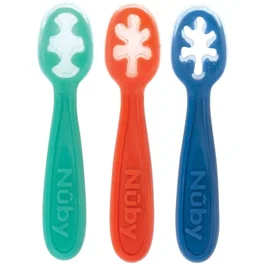 Nuby Lot de 3 premières cuillères bébé en silicone - Bleu / Rouge / Vert - Dès 6 mois