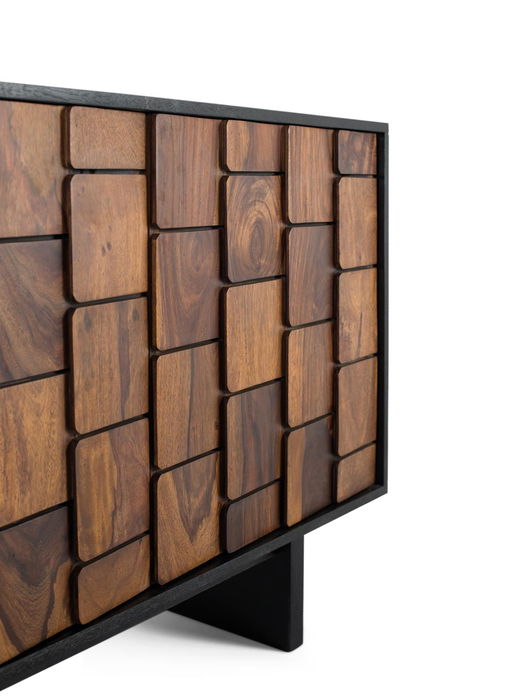 Buffet 4 portes en bois de sheesham et manguier, finition wengué, couleur noire et marron, ouverture push, avec étagères de rangement