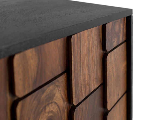 Buffet 4 portes en bois de sheesham et manguier, finition wengué, couleur noire et marron, ouverture push, avec étagères de rangement