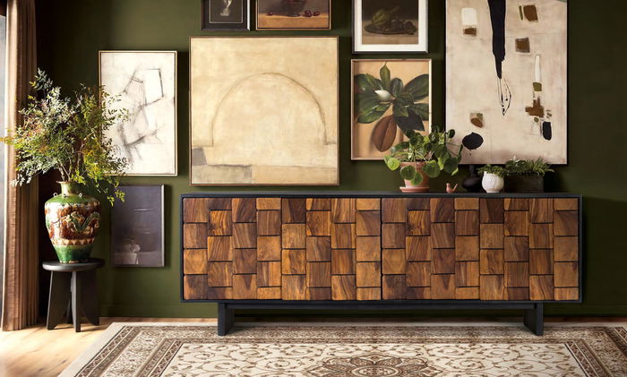 Buffet 4 portes en bois de sheesham et manguier, finition wengué, couleur noire et marron, ouverture push, avec étagères de rangement