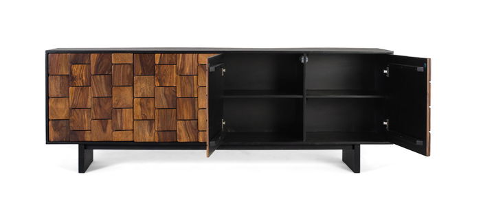 Buffet 4 portes en bois de sheesham et manguier, finition wengué, couleur noire et marron, ouverture push, avec étagères de rangement