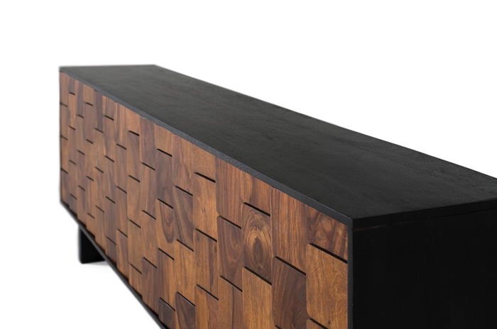 Buffet 4 portes en bois de sheesham et manguier, finition wengué, couleur noire et marron, ouverture push, avec étagères de rangement