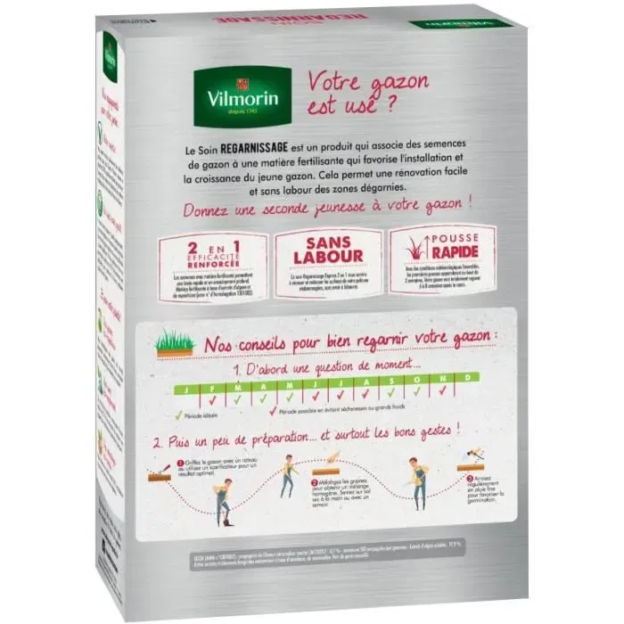 Vilmorin - Semences de gazon Soin regarnissage universel express 2 en 1 - 1 kg - Réparation rapide sans labour - Pour 60 m²