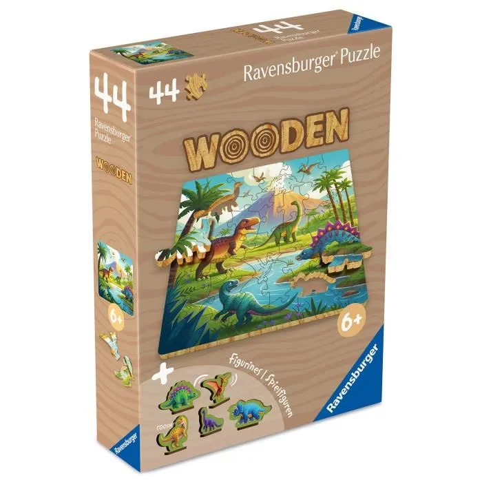 Ravensburger - Puzzle en Bois Dinosaures 44 Pièces avec 5 Figurines Whimsies - 6 ans et Plus - Matériaux Durables FSC - 19,2 x 19,2 cm
