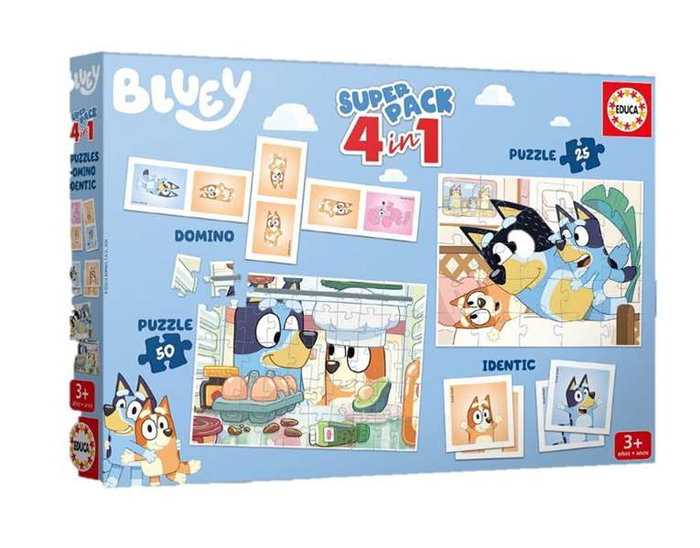 Educa Bluey Puzzle Superpack 4 en 1 - Puzzle 25 pièces, Puzzle 50 pièces, Jeu de mémoire, Domino 28 pièces - Multilingue