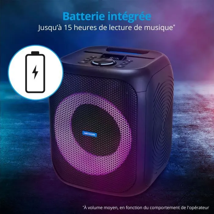 MEDION Enceinte de fête Bluetooth portable 50W RMS - Anneau LED multicolore, Micro inclus, 15h autonomie, IPX4, TWS, Karaoké MEDION Enceinte de fête Bluetooth portable 50W RMS - Anneau LED multicolore, Micro inclus, 15h autonomie, IPX4, TWS, Karaoké