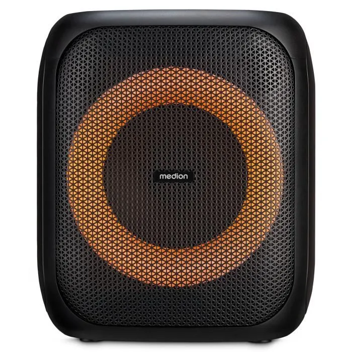 MEDION Enceinte de fête Bluetooth portable 50W RMS - Anneau LED multicolore, Micro inclus, 15h autonomie, IPX4, TWS, Karaoké MEDION Enceinte de fête Bluetooth portable 50W RMS - Anneau LED multicolore, Micro inclus, 15h autonomie, IPX4, TWS, Karaoké