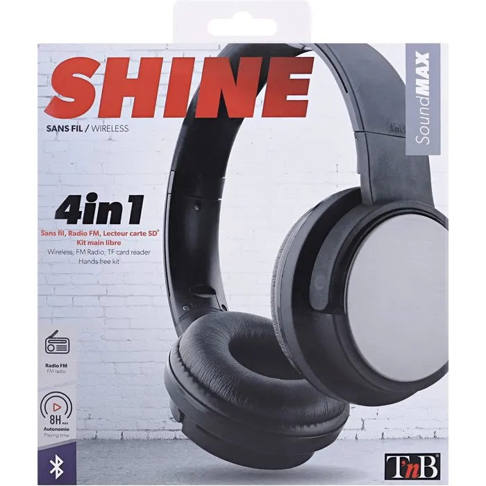 Casque Bluetooth T'nB Shine 3 Noir - 4 en 1 : Sans fil, Filaire, Lecteur de carte SD et Radio FM - Autonomie 8h - Pliable