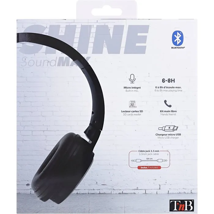 Casque Bluetooth T'nB Shine 3 Noir - 4 en 1 : Sans fil, Filaire, Lecteur de carte SD et Radio FM - Autonomie 8h - Pliable