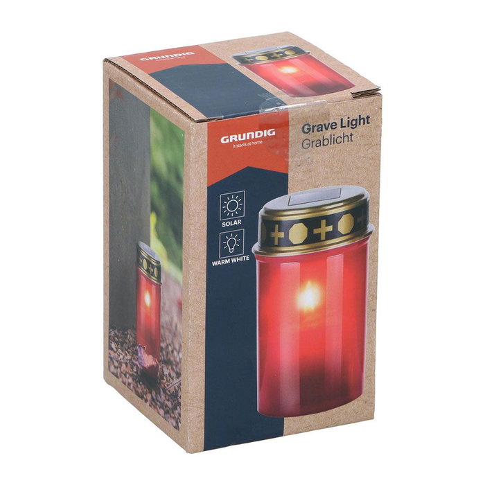 Grundig Bougie pour cimetière avec lumière LED solaire rouge, Ø6,5 x 12 cm, lumière chaude